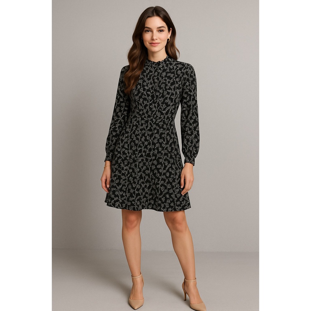 H&M Dress Womens S Black Fit n‎ Flare Floral Mock Neck Floral Leafy Cottagecore
